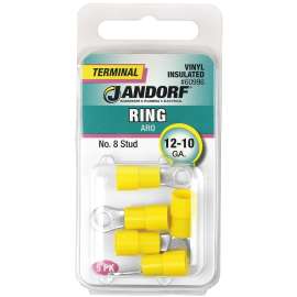Jandorf 60996 Ring Terminal, 12 to 10 AWG Wire, #8 Stud, Vinyl Insulation, Copper Contact, Yellow