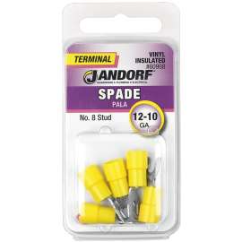 Jandorf 60998 Spade Terminal, 600 V, 12 to 10 AWG Wire, #8 Stud, Vinyl Insulation, Copper Contact, Yellow
