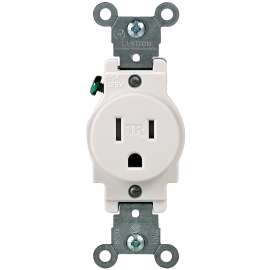 Leviton R52-T5015-0WS Single Receptacle, 2 -Pole, 125 V, 15 A, Back and Side Wiring, NEMA: NEMA 5-15R, White