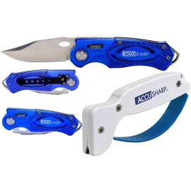 ACCUSHARP 041C Sharpener and Knife Combo, Aluminum Handle, Blue