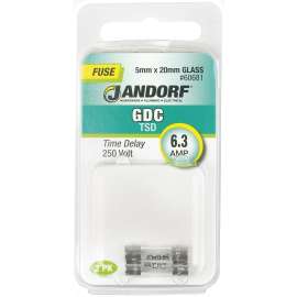 Jandorf 60681 Time Delay Fuse, 6.3 A, 250 V, 63 A Interrupt, Glass Body