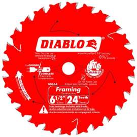 Diablo D0624A Framing Trim Saw Blade, 6-1/2 in Dia, 5/8 in Arbor, 24-Teeth, Carbide Cutting Edge