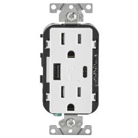 Leviton R02-T5633-0BW Receptacle/Outlet, 15 A, 125 V, 2 -USB Port, Type A, C USB, NEMA: NEMA 5-15R, White