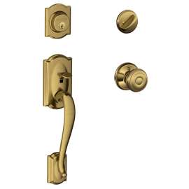 Schlage Entry Handleset and Georgian Knob, 1-3/8 (Min), 2-3/4 (Max) in Backset, Keyed, Metal, Aged Bronze, 6 in L