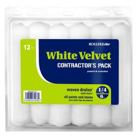 RollerLite White Velvet 6WV025-12 Mini Roller Cover, 1/4 in Thick Nap, 6 in L, Woven Fabric Cover, White
