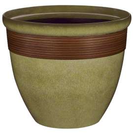 Landscapers Select Tall Wave Planter, 15 in Dia, Round, Resin, Olive Green with Wood Accent