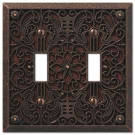 Amerelle Filigree 65TTDB Wallplate, 4-1/2 in L, 4-7/16 in W, 2 -Gang, Metal, Aged Bronze