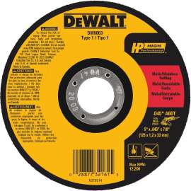 Dewalt DW8063 Type 1 Small Diameter Cutting Wheel, 5 in Dia, 7/8 in, A60T Grit, 12200 rpm, Aluminum Oxide