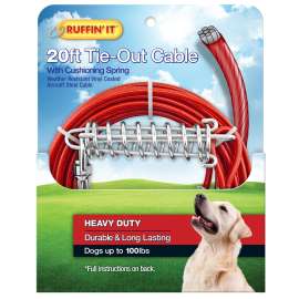 RUFFIN'IT 29220 Cable Tie-Out with Cushioning Spring, Heavy-Duty, Swivel Snap End, 20 ft L Belt/Cable, Steel, Red