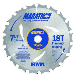 IRWIN MARATHON 24028 Circular Saw Blade, 7-1/4 in Dia, 5/8 in Arbor, 18-Teeth, Carbide Cutting Edge