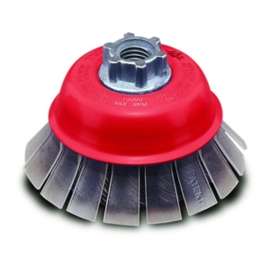Norton 33496 Wire Cup Brush, 4 in Dia, 5/8-11 in Arbor/Shank, 0.02 in Dia Bristle