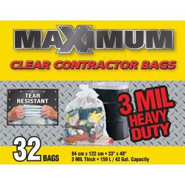 Maximum 34832 Trash Contractor Bag, Hexane/Plastic/Resin, Clear