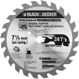 Black+Decker 67-737 Circular Saw Blade, 7-1/4 in Dia, 5/8 in Arbor, 24-Teeth, Carbide Cutting Edge