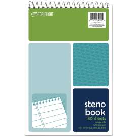 TOP FLIGHT 4600948 Steno Pad, Rule Sheet, 6 in L x 9 in W Sheet, 80-Sheet, White Sheet, Wirebound Binding