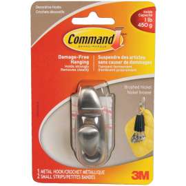 Command FC11-BN-C Small Hook, 1 lb, 1-Hook, Metal, Brushed Nickel