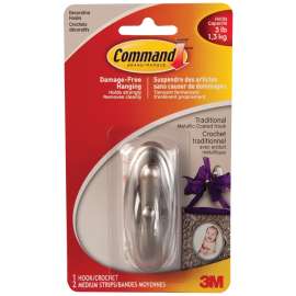 Command 17051BN-C Decorative Hook, 3 lb, 1-Hook, Plastic, Brushed Nickel