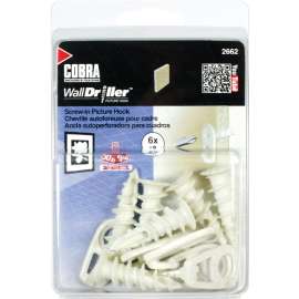 COBRA ANCHORS 2662 Picture Hook, 30 lb, Nylon, White, #8 Opening