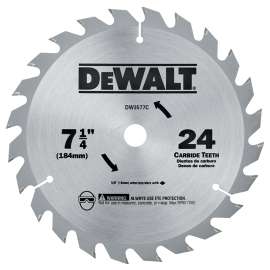DeWALT DW3577C Circular Saw Blade, 7-1/4 in Dia, 5/8 in Arbor, 24-Teeth, Carbide Cutting Edge