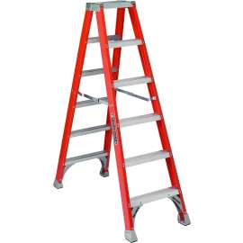 Louisville FM1506 Twin Step Ladder, 125 in Max Reach H, 5-Step, 300 lb, Type IA Duty Rating, 3 in D Step, Fiberglass