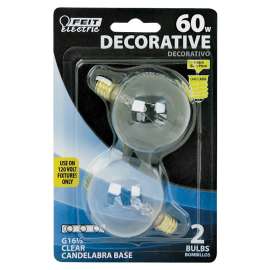 Feit Electric BP60G161/2 Incandescent Lamp, 60 W, G16-1/2 Lamp, Candelabra E12 Lamp Base, 2700 K Color Temp