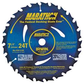 IRWIN MARATHON 24130 Circular Saw Blade, 7-1/4 in Dia, 5/8 in Arbor, 24-Teeth, Carbide Cutting Edge