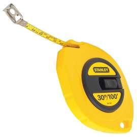 Stanley 34-107 Measuring Tape, 100 ft L Blade, 3/8 in W Blade, Steel Blade, ABS Case, Yellow Case