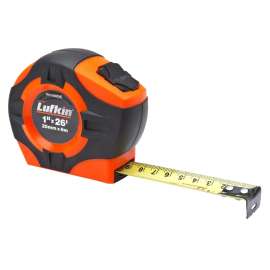 Crescent Lufkin PHV1048CMEN Tape Measure, 26 ft L Blade, 1 in W Blade, Steel Blade, Rubber Case, Orange Case
