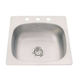 KINDRED PSL2020/3 Kitchen Sink, 3-Faucet Hole, 20 in OAW, 20-1/2 in OAH, Stainless Steel, Top Mounting, 1-Bowl