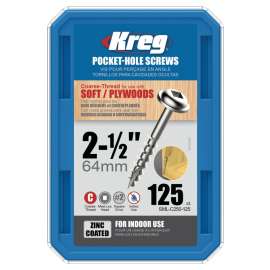 Kreg SML-C250-125 Pocket-Hole Screw, #8 Thread, 2-1/2 in L, Coarse Thread, Maxi-Loc Head, Square Drive, Steel, Zinc