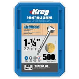 Kreg SPS-F125 - 500 Pocket-Hole Screw, #6 Thread, 1-1/4 in L, Fine Thread, Pan Head, Square Drive, Self-Tapping Point