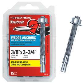 RED HEAD 12016 Concrete Wedge Anchor, 3/8 in Dia, 3-3/4 in L, Steel, Zinc