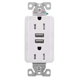 Eaton Cooper Wiring TRUSB5A15 TRUSB5A15W-K-L Receptacle, 2 -Pole, 5 A, 125 VAC, 2 -USB Port, Type A USB, White