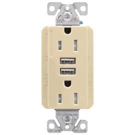 Eaton Cooper Wiring TRUSB5A15 TRUSB5A15V-K-L Receptacle, 2 -Pole, 5 A, 125 VAC, 2 -USB Port, Type A USB, Ivory