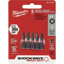 Milwaukee 48-32-4621 Insert Bit, #1 Drive, Square Recess Drive, 1/4 in Shank, Hex Shank, 1 in L, Steel