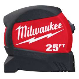 Milwaukee 48-22-0425 Tape Measure, 25 ft L Blade, 1/2 in W Blade, Steel Blade, ABS Case, Black/Red Case