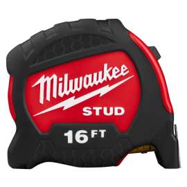 Milwaukee STUD Series 48-22-9716 Tape Measure, 16 ft L Blade, 1-19/64 in W Blade, Steel Blade, ABS Case, Black/Red Case
