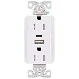 Eaton Cooper Wiring TRUSBAC15 TRUSBAC15W-K-L Receptacle, 2 -Pole, 5 A, 125 VAC, 2 -USB Port, Type A, C USB, White