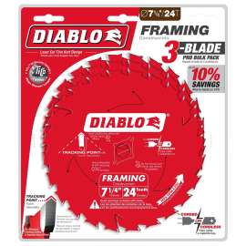 Diablo D0724X3 Saw Blade, 7-1/4 in Dia, 5/8 in Arbor, 24-Teeth, Applicable Materials: Wood
