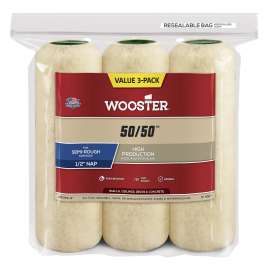 WOOSTER 50/50 RR745-9 Roller Cover, 1/2 in Thick Nap, 9 in L, Lambswool/Polyester Cover, Cream