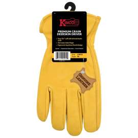 Kinco 90-L Driver Gloves, Men's, L, Keystone Thumb, Easy-On Cuff, Deerskin Leather, Gold