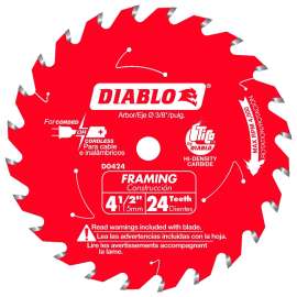 Diablo D0424X Saw Blade, 4-1/2 in Dia, 3/8 in Arbor, 24-Teeth, Applicable Materials: Wood