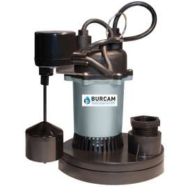 Burcam 300710Z Submersible Sump Pump with Vertical Switch, 115 V, 1/2 hp, 22 ft Max Head, 1000 gph, Plastic