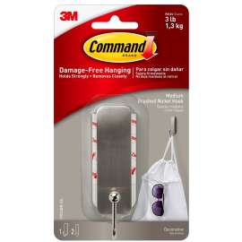 Command 17034BN-ES Medium Decorative Hook, 1 in W, Metal/Plastic, Brushed Nickel, 3 lb