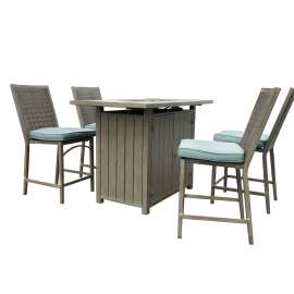 Seasonal Trends Bali MS22008 Bar Height Table Set, 5-Piece, 4 People Seating, Ceramic Tabletop, Blue Seat