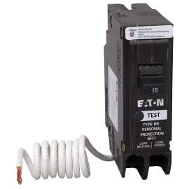 EATON BRN115GFC Circuit Breaker, GFCI, Type BR, 15 A, 1 -Pole, 120 VAC, Center, Long Time, Instantaneous Trip