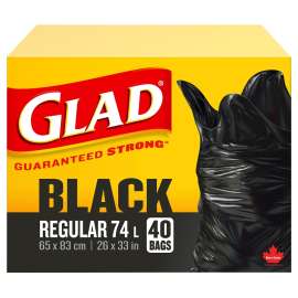 GLAD Easy-Tie 11858 Garbage Bag, Regular, 67 L Capacity, Plastic, Black