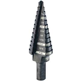 Milwaukee 48-89-9204 Step Drill Bit, 3/16 to 7/8 in Dia, 2-61/64 in OAL, 2-Flute, 3/8 in Dia Shank, Flat Shank