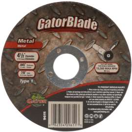 Gator 9611 Cut-Off Wheel, 4-1/2 in Dia, 0.045 in Thick, 7/8 in Arbor, Aluminum Oxide Abrasive