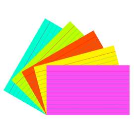 Index Cards, Super Bright Assorted 5 Colors, 1/4" Ruled 3" x 5", 75 Per Pack, 6 Packs