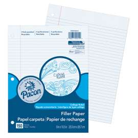 Filler Paper, White, 3-Hole Punched, Red Margin, 9/32" Ruled, 8" x 10-1/2", 150 Sheets